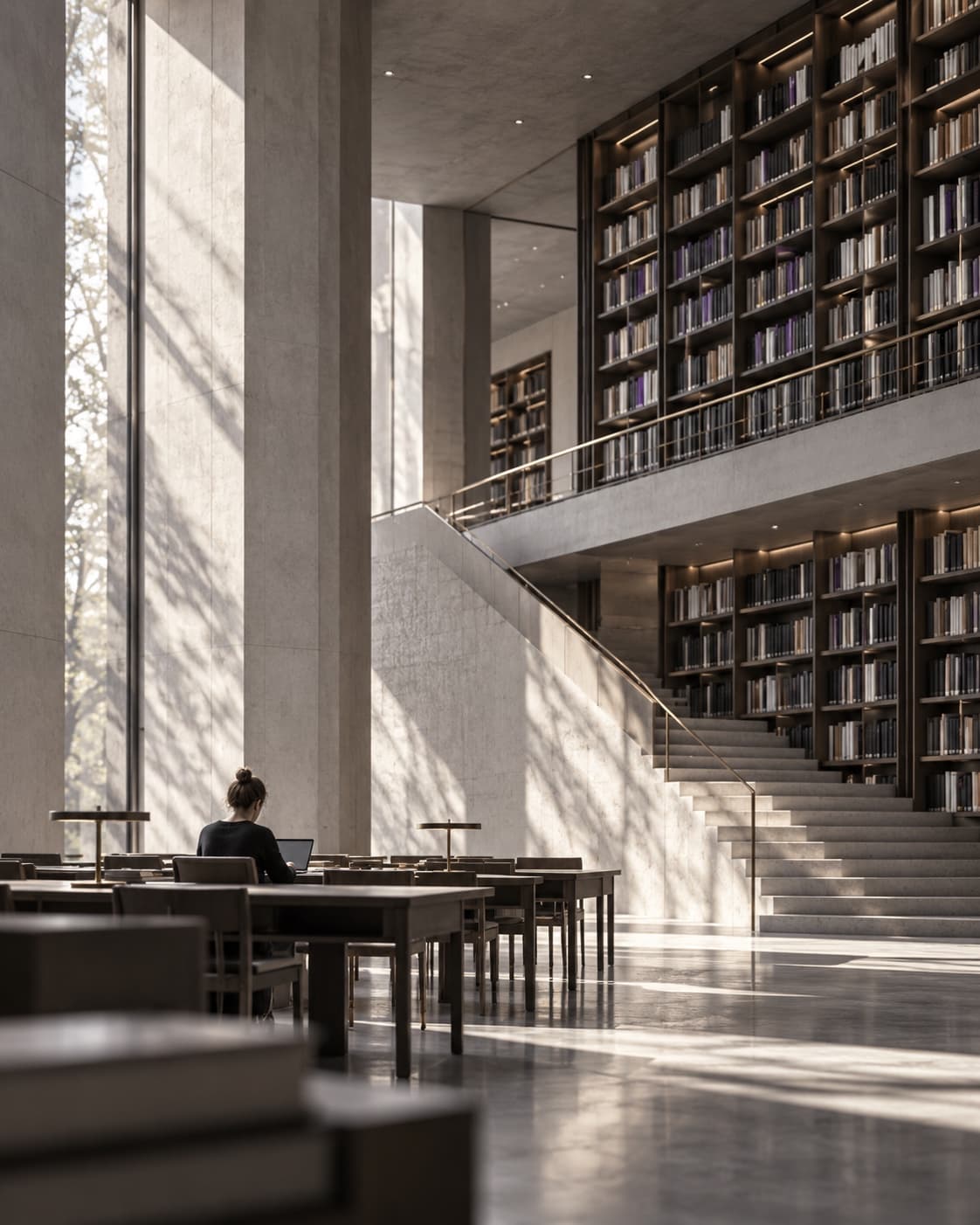 Grande bibliothèque baignée de lumière