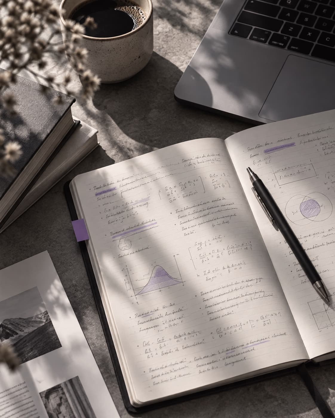 Notes de cours, ordinateur et café